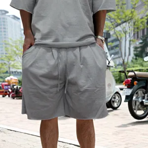Men grey casual short sleeve t-shirt and shorts streetwear two piece summer clothing set.