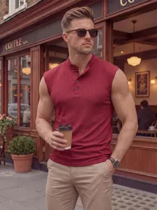 Men's knitted sleeveless vest featuring vertical stripes and a stylish button henley collar.