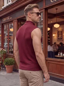 Men's summer casual slim fit sleeveless ribbed mock neck knitted vest in burgundy color.
