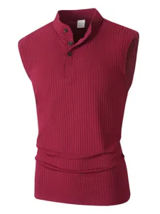 Men's ribbed sleeveless tank top detail, close-up view of textured knit fabric and collar buttons.