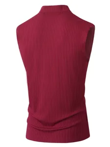 Men's knitted ribbed sleeveless mock neck tank top slim fit casual fitness vest wine red