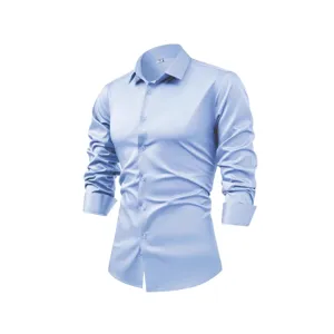 Men's Light Blue Silk Satin Long Sleeve Dress Shirt Business Casual Button Down Shirt