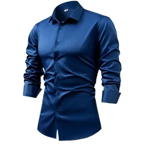 Men's long sleeve silk satin dress shirt, classic button down formal business casual top.