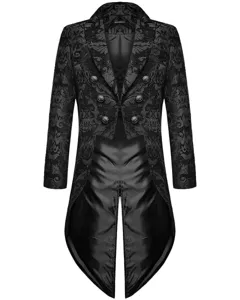 Black gothic steampunk tailcoat jacket fabric and metal buttons detail view.