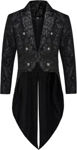 Men's gothic steampunk tailcoat jacket, black brocade damask fabric, double breasted metal buttons.