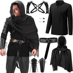 Medieval renaissance costume set details showing black tunic, leather bracers, and hood accessories.