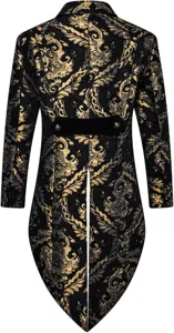 Men's gothic steampunk tailcoat jacket black gold brocade damask vintage Victorian coat for party