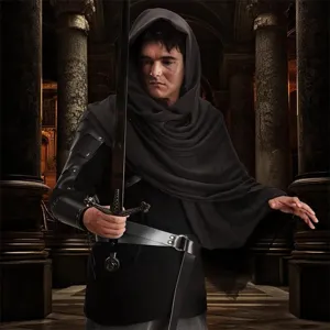 Men's medieval renaissance costume set 6-piece Halloween pirate outfit with hood and belt.