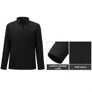 Black medieval renaissance lace up shirt for men with pleated cuffs and stiff fabric details.