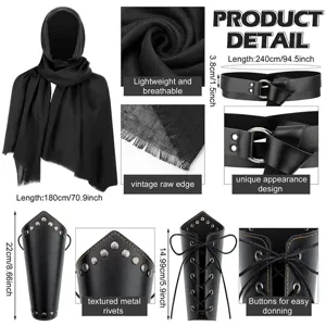 Medieval Renaissance costume accessory details, black PU leather belt and rivet bracers.