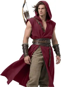 Medieval sleeveless hooded tunic detail view, classic renaissance cosplay costume for men.