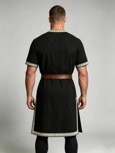 Men's medieval knight tunic renaissance mercenary costume LARP black top with belt.