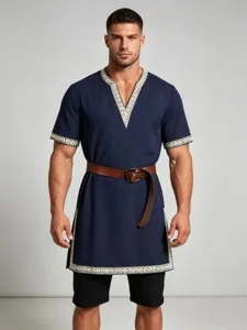 Men Medieval Knight Tunic Renaissance Mercenary Scottish Costume Short Sleeve V-Neck Embroidered LARP Halloween Top