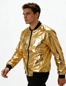 Gouden metallic heren bomberjack met elastische boorden. Stijlvolle jas perfect voor het voorjaar.