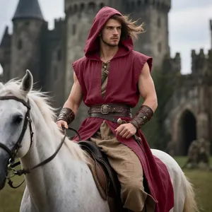 Detailed view of medieval sleeveless tunic and renaissance hooded cloak for men costume event.