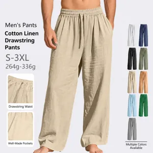 Men's Casual Linen Blend Loose Fit Straight Leg Pants Drawstring Elastic Waist Solid Color Breathable Summer Trousers