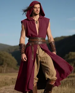 Medieval sleeveless hooded tunic detail view, classic renaissance men LARP costume style.
