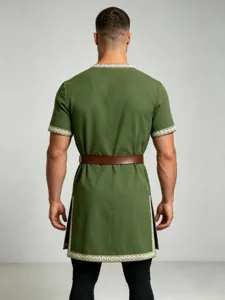 Medieval men's Renaissance tunic costume with belt, short sleeve green LARP warrior top.