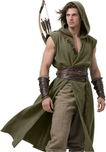 Medieval sleeveless hooded tunic Renaissance cloak men Halloween LARP costume detail view