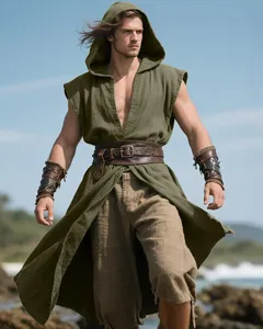 Detailed view of medieval sleeveless hooded tunic and leather accessories for men's LARP.