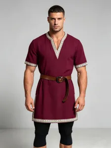 Men's medieval knight tunic with embroidery trim and leather belt for renaissance costume.