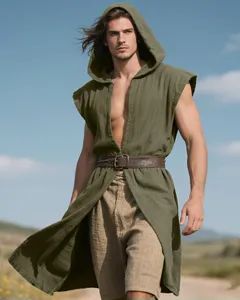 Detailed view of the medieval sleeveless hooded tunic and belt in a natural outdoor setting.