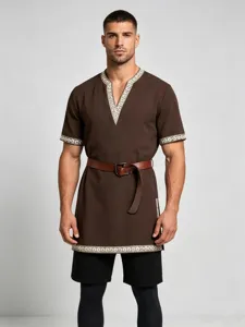 Men's medieval Renaissance brown tunic featuring embroidered details and a leather belt.