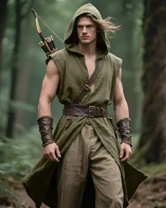 Detailed view of the medieval sleeveless hooded tunic and leather accessories for men LARP.