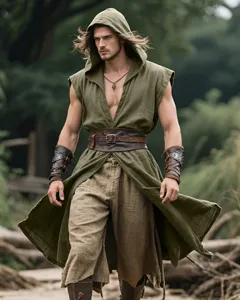 Men's medieval sleeveless hooded tunic renaissance short cloak LARP costume outfit