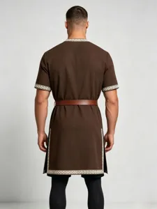 Men medieval knight tunic Renaissance costume short sleeve LARP warrior top with belt.