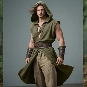 Medieval sleeveless hooded tunic Renaissance men costume detail for Halloween LARP events