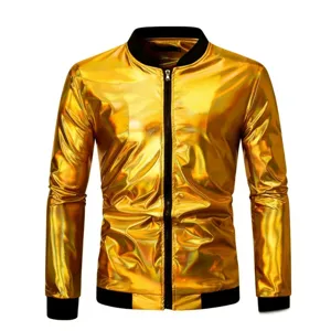 Heren metalliek gouden bomberjack opstaande kraag mode casual bovenkleding jas