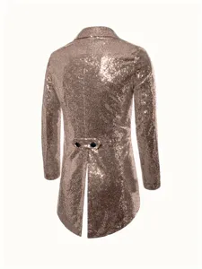 Detailansicht der Rückseite eines glitzernden Pailletten-Fracks für Herren mit Zierknöpfen.