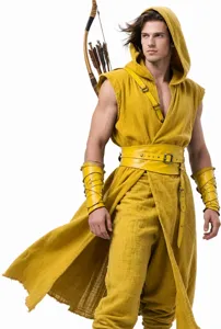 Medieval sleeveless hooded tunic men renaissance costume LARP cosplay yellow clothing detail