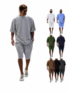 Men's Casual Sports Tracksuit Oversized Short Sleeve T-Shirt And Shorts Set Cotton Blend Summer Streetwear Outfit