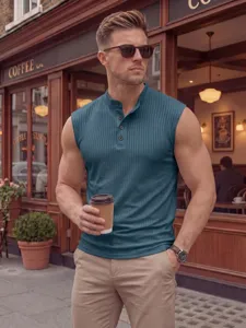 Men's slim fit sleeveless ribbed knit tank top with stand collar and button placket.