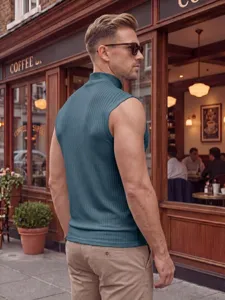 Detailed view of men's ribbed knit sleeveless top in dark teal for summer style.