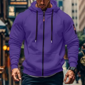 Men's purple zip hoodie with black drawstrings, casual long sleeve hooded outerwear for spring.