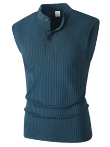 Men's ribbed sleeveless tank top, casual slim fit knit vest with button henley collar.