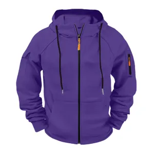 Close-up detail of men's purple full-zip tactical hoodie with black drawstrings and pockets.