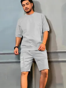 Men summer casual outfit short sleeve t-shirt and multi-pocket cargo shorts grey sportswear set
