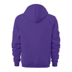 Back detail of a solid purple men's hoodie, featuring a hood and a convenient sleeve pocket.