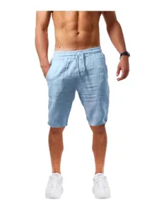 Heren zomer linnen korte broek ademend losse pasvorm elastisch trekkoord blauw
