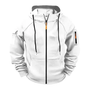 White zippered hoodie detail view featuring black drawstrings and convenient sleeve pocket.