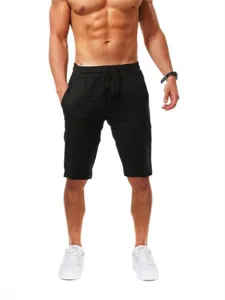 Heren casual zwarte katoenen linnen korte broek, ademend zomermodel met trekkoord.