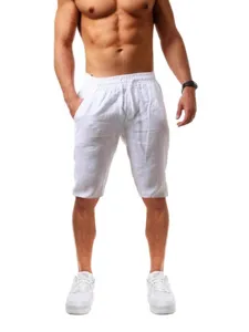 Heren witte linnen korte broek zomer casual elastische taille strand korte broek hoofdfoto