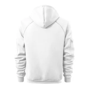 Men's white hoodie back view detail showcasing the convenient sleeve pocket and hem ribbing.
