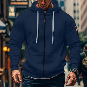 Men's casual zip-up hooded sweatshirt with white drawstrings and pocket design!