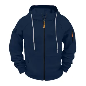 Men's casual sports hooded zip-up sweatshirt jacket, solid dark blue with drawstring.