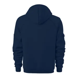 Men's casual navy blue hooded sweatshirt detail view, comfortable long sleeve hoodie top.